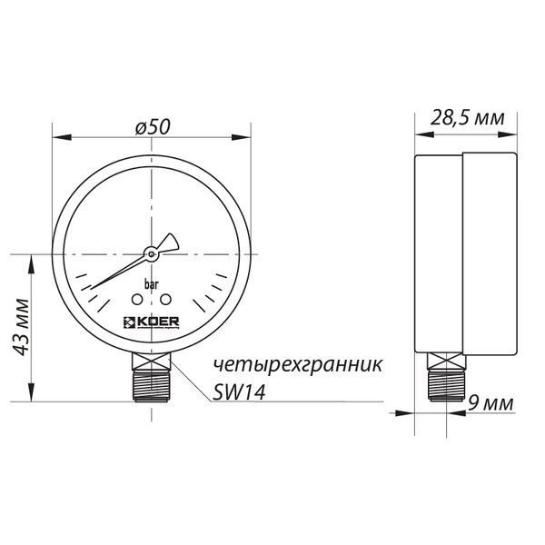 Манометр радіальний (KOER KM.502R) (0-6 bar), D 50мм, 1/4''-1/2'' (KR0208) KR0208 фото