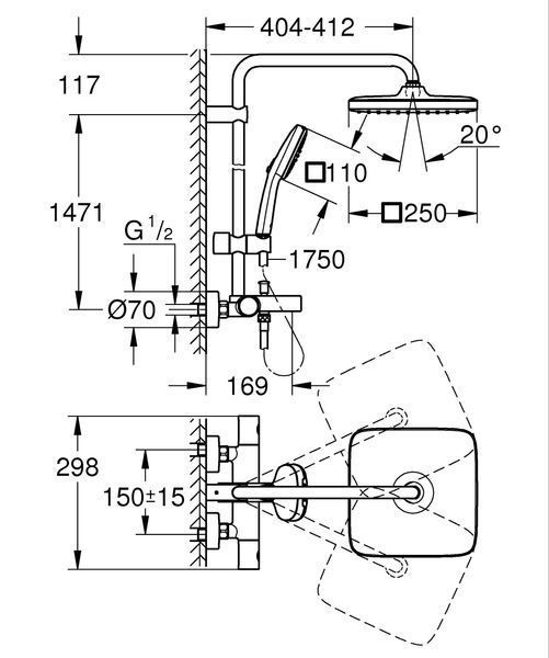 Душова система настінного монтажу з термостатом для ванни Grohe Tempesta System 250 Cube (26691001) 26691001 фото