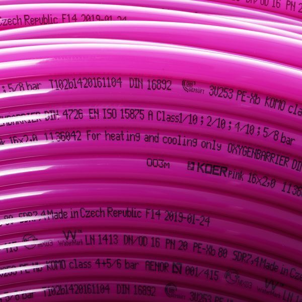 Труба для теплої підлоги з кисневим бар'єром Koer PEX-B EVOH 16*2,0 (pink) (240 м) (KR2828) KR2828 фото